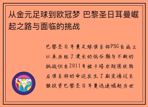 从金元足球到欧冠梦 巴黎圣日耳曼崛起之路与面临的挑战