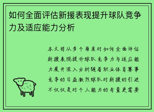 如何全面评估新援表现提升球队竞争力及适应能力分析